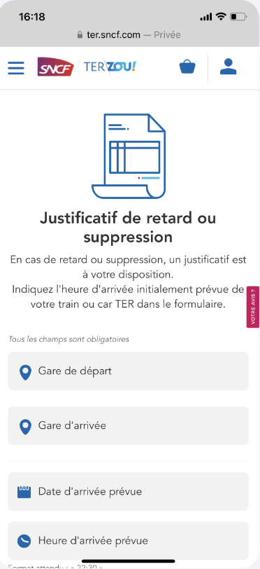 Exemple de page TER proposant un formulaire permettant de télécharger un justificatif de retard
